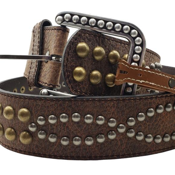Ariat Brown Pebbled Leather Belt Gold & Silver Studded 36/90 Western Unisex - Picture 1 of 13
